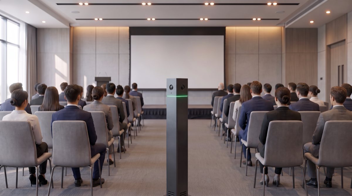 An IRIS tower placed in a corner, its view of the audience blocked